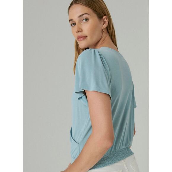 NWT Lucky Brand Sandwash Short Sleeve Wrap Top, Mineral Blue, Women’s Large - Picture 4 of 12